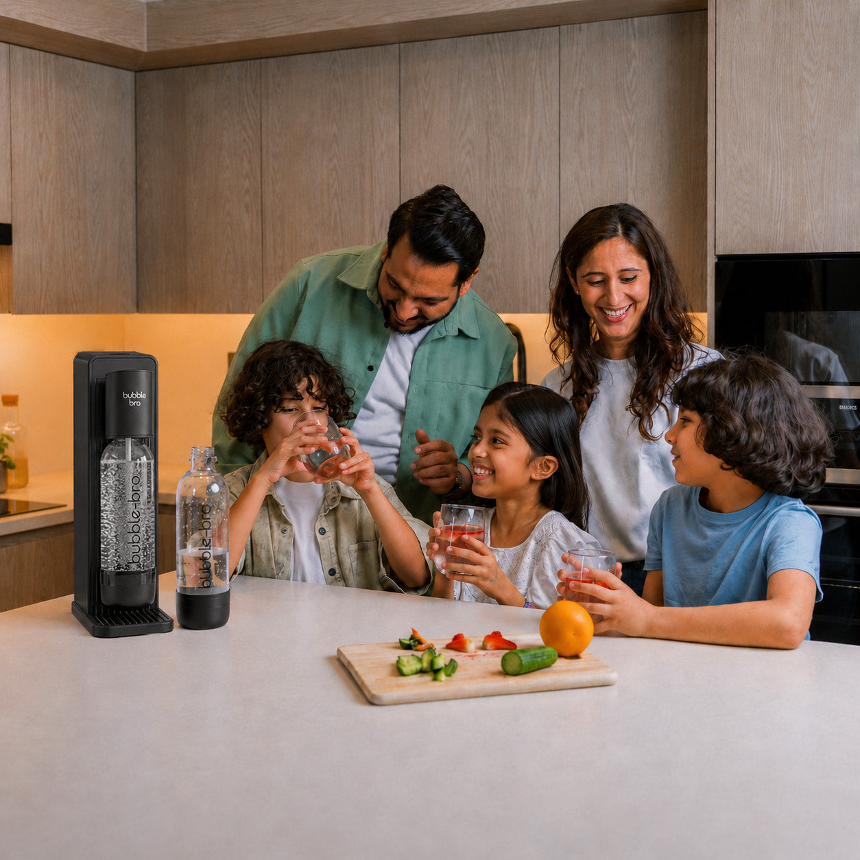 Family of five enjoying homemade sparkling water with fresh fruit in their kitchen - bubblebro Origin in black with two carbonating bottles