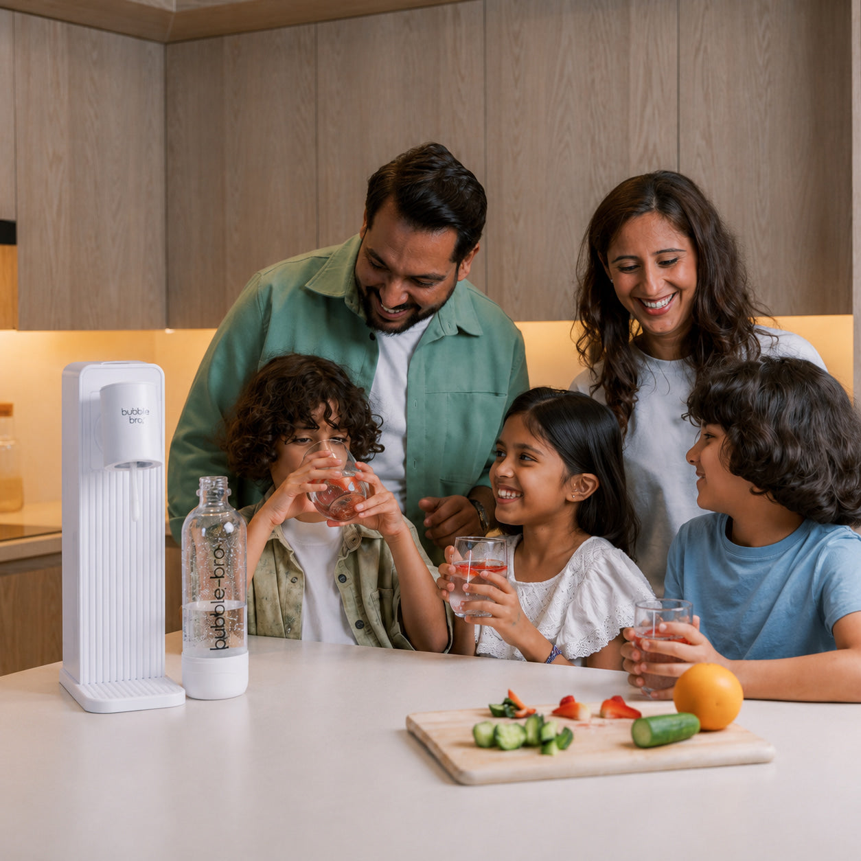 Family of five enjoying homemade sparkling water with fresh fruit in their kitchen - bubblebro Origin in black with two carbonating bottles