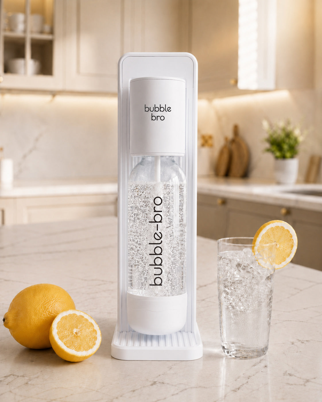 Bubblebro sparkling water maker in black on a kitchen counter with fresh lemons and a glass of fizzy water