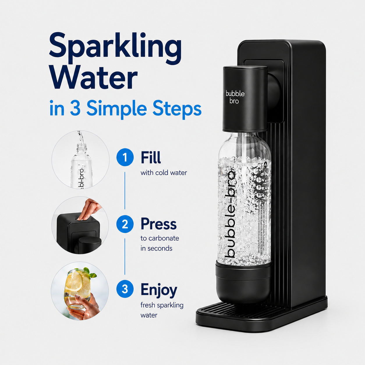 How to make sparkling water in 3 steps with bubble-bro Origin: fill bottle, press to carbonate, enjoy fresh fizzy water at home #color_black