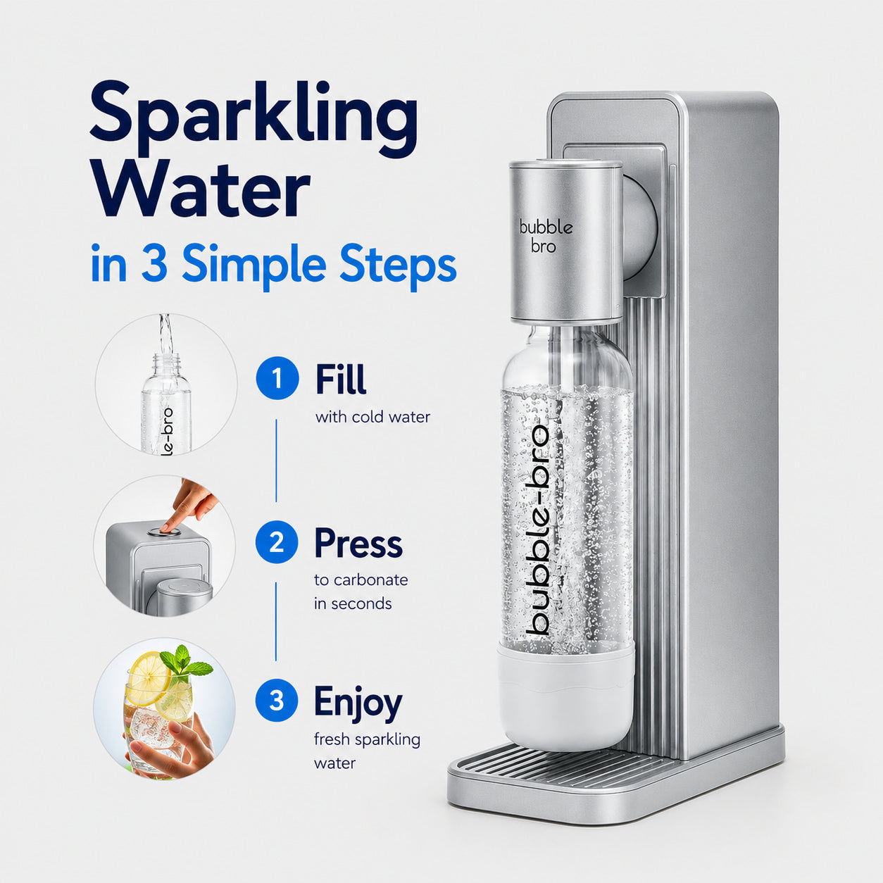 How to make sparkling water in 3 steps with bubble-bro Origin: fill bottle, press to carbonate, enjoy fresh fizzy water at home
