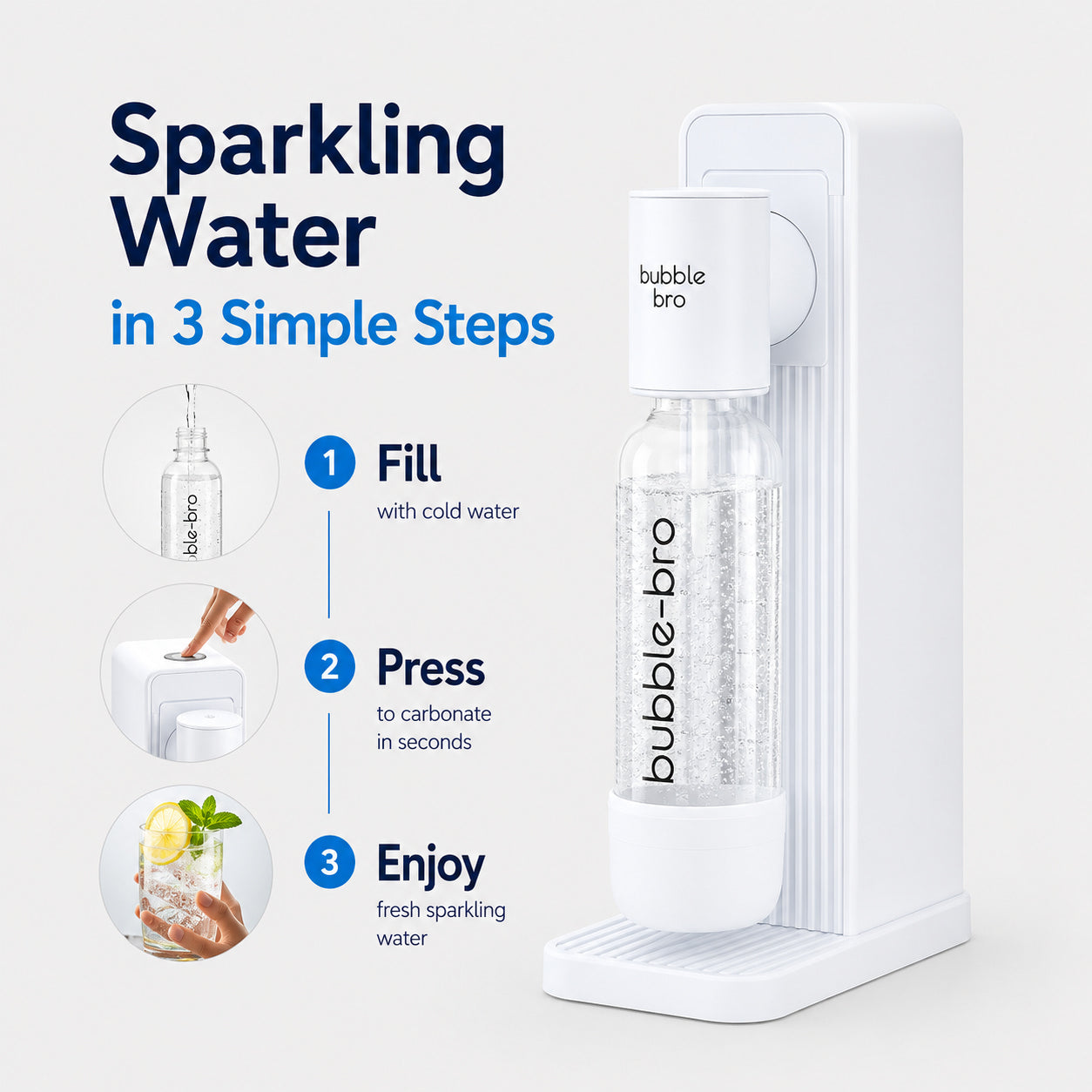 How to make sparkling water in 3 steps with bubble-bro Origin: fill bottle, press to carbonate, enjoy fresh fizzy water at home