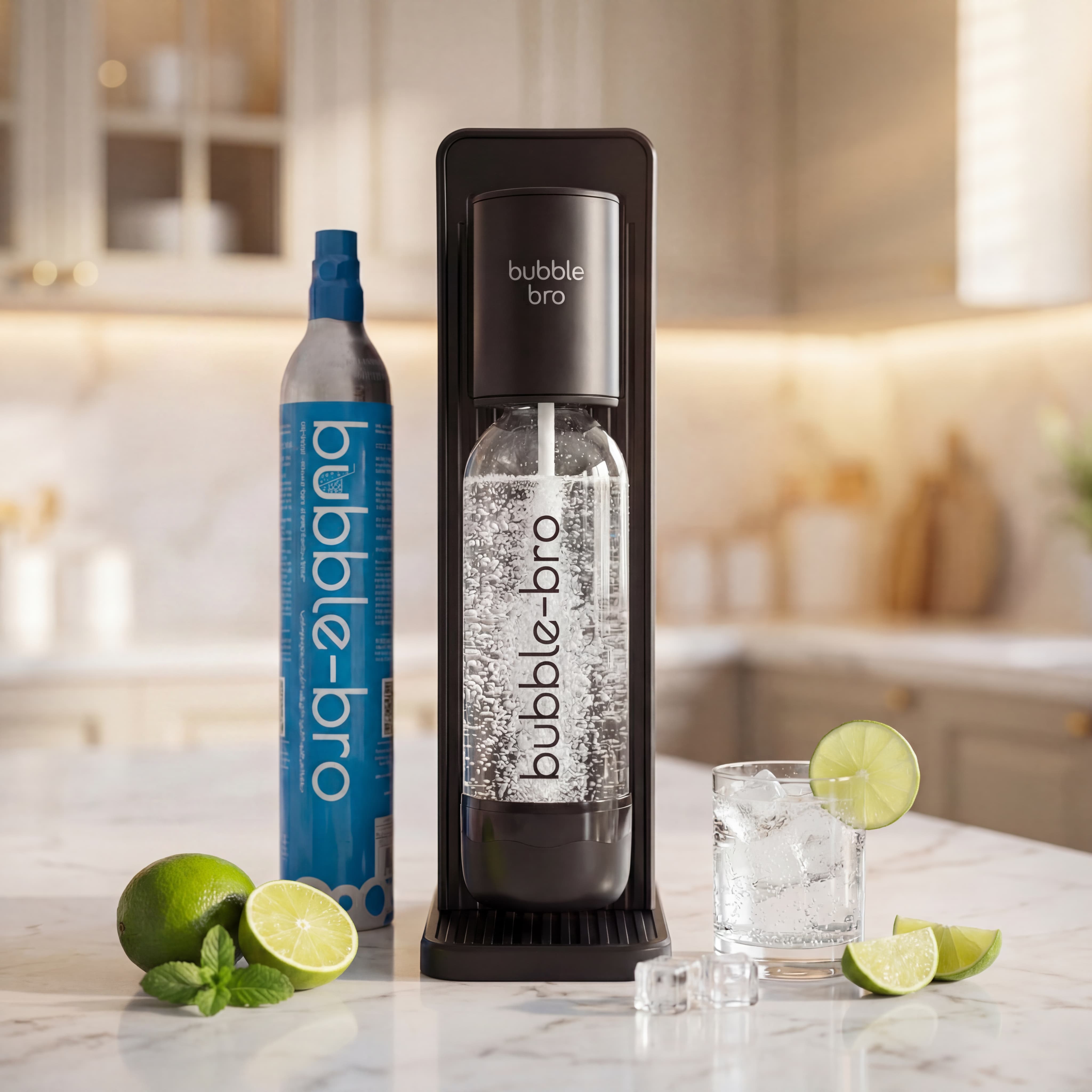 Bubblebro Origin black soda maker starter kit with CO₂ cylinder and sparkling water