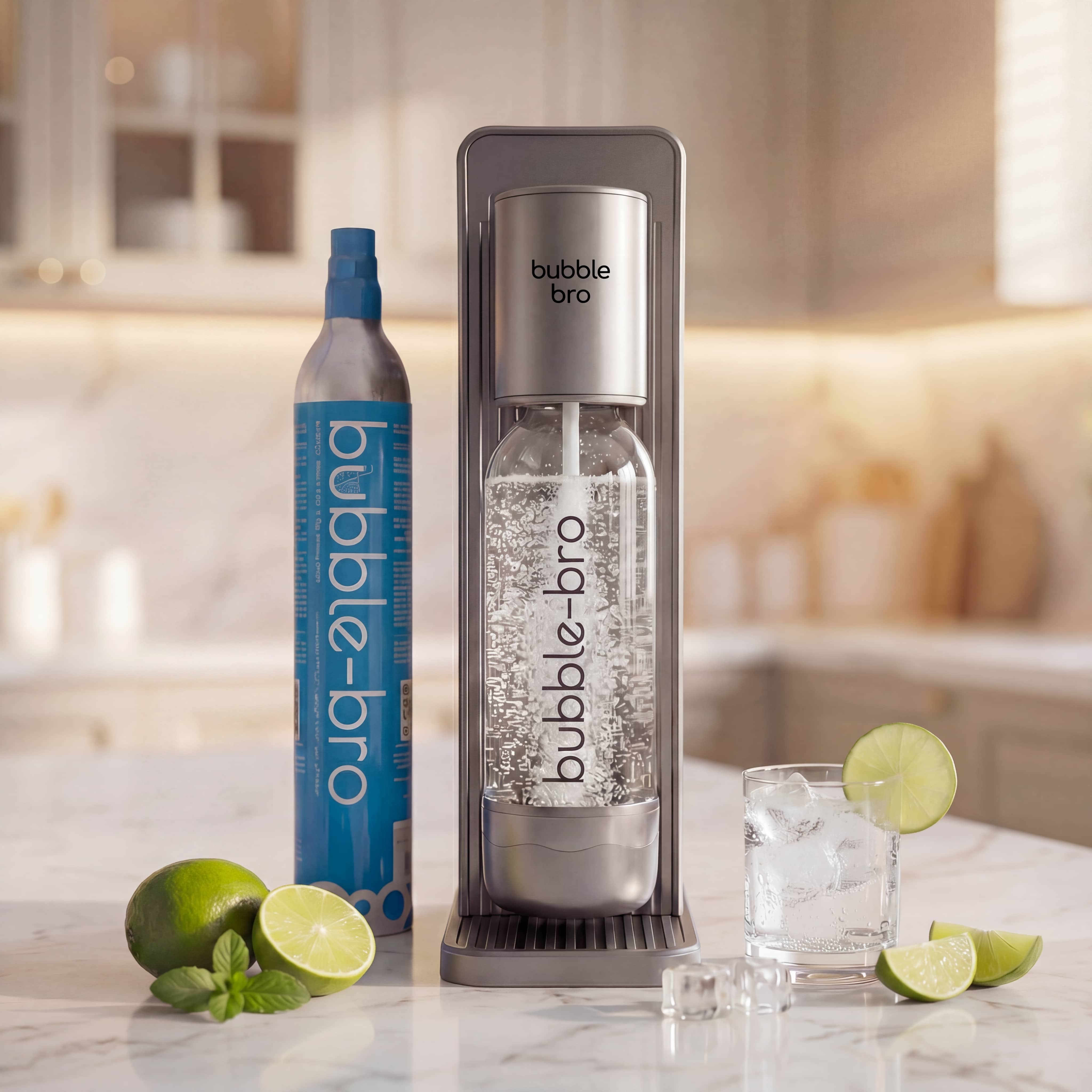 Bubblebro Origin black soda maker starter kit with CO₂ cylinder and sparkling water #color_metallic-grey