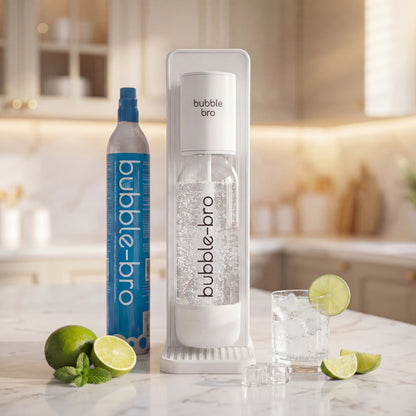 Bubblebro Origin black soda maker starter kit with CO₂ cylinder and sparkling water 