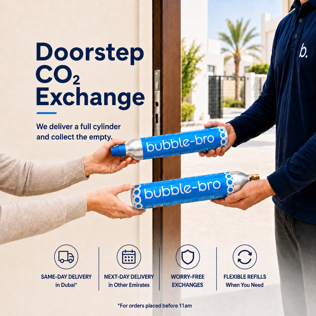Doorstep CO2 cylinder exchange across the UAE — bubble-bro delivers full CO2 refills and collects empties, same-day in Dubai, next-day in other Emirates #color_black