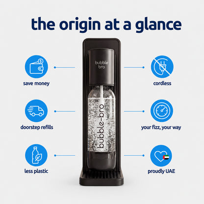 bubblebro Origin cordless sparkling water maker in black with key features: save money, doorstep CO2 refills, less plastic, UAE-made 